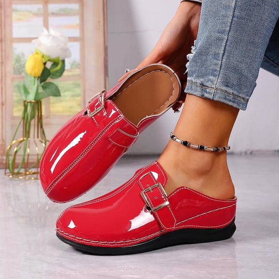 Bkhluea Women Patent Buckle Backless Loafers Slip On Comfortable Footwear For Office Work Daily Casual Outdoor Activities