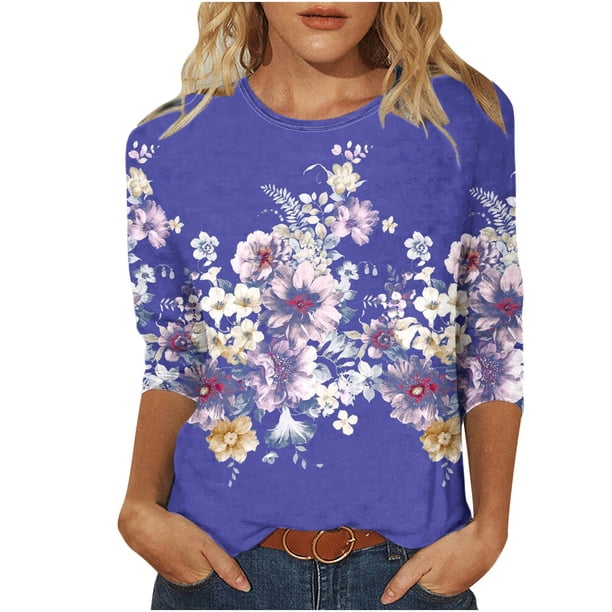 Camisetas de Manga Corta para las Mujeres Retro Cuello Redondo Pascua Impreso Suelto Top, Ligero Poliéster 3/4 Camiseta de Manga para el Desgaste Casual, Diario Y de Primavera