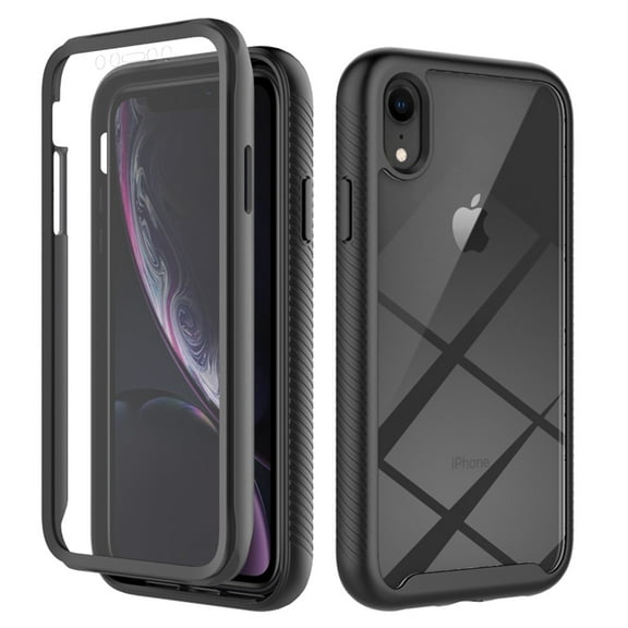 Allytech iPhone XR Clear Case with Screen Protector, Full Body Protective Shockproof Anti-Scratch Bumper Slim PC TPU Back Cover Case for iPhone XR 6.1" - Black