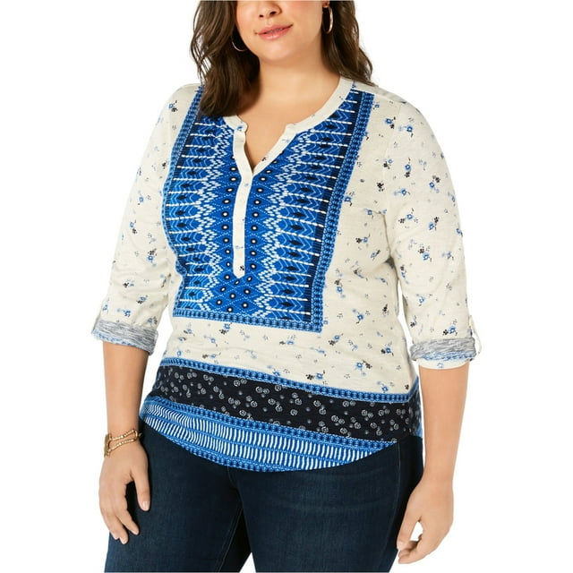 Style & Co. Womens Printed Roll-Tab Tunic Blouse, Blue, Plus Size, 2X