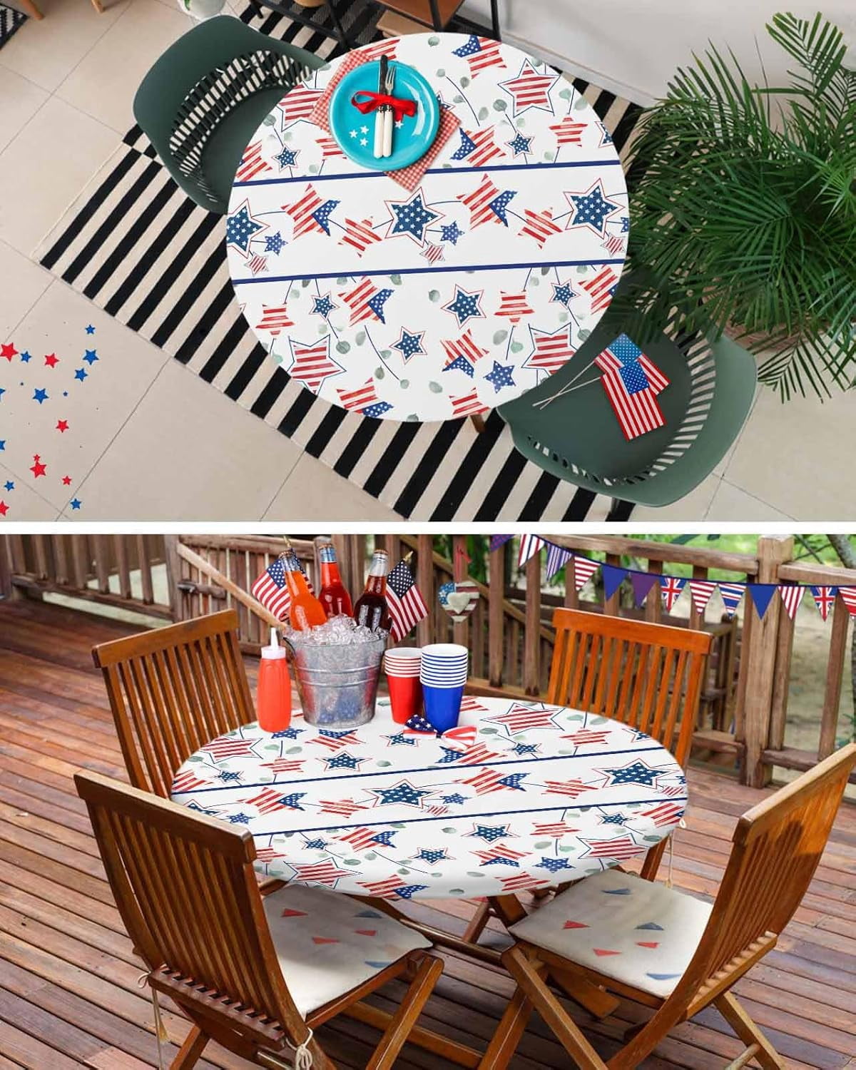 Memorial Day Round Fitted Tablecloth,American Flag Patriotic Star Elastic Edge Table Cover Waterproof Wipeable Table Cloths for Home Kitchen Dining Party Indoor Outdoor Decor 36"-44"