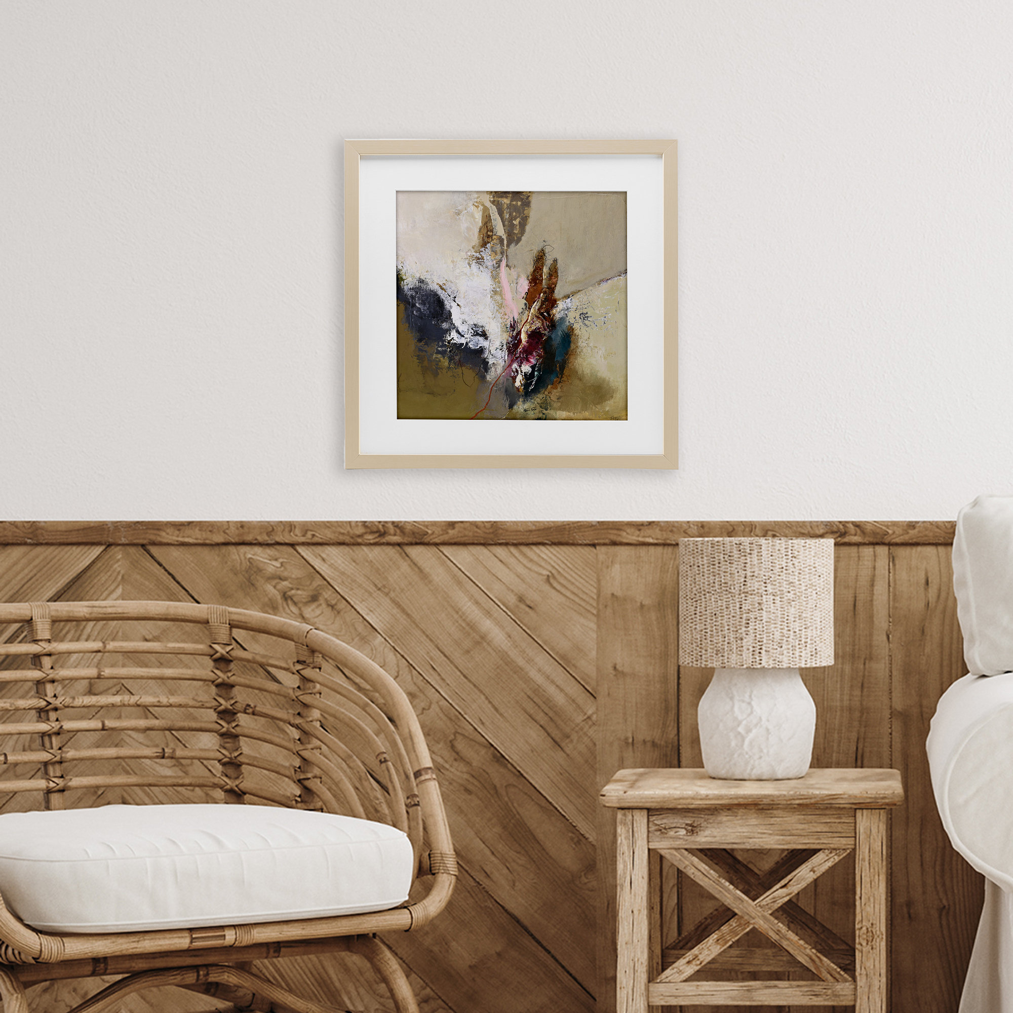 Earthy Mood Composition Birch Framed Print Under Glass, design by Design Fabrikken