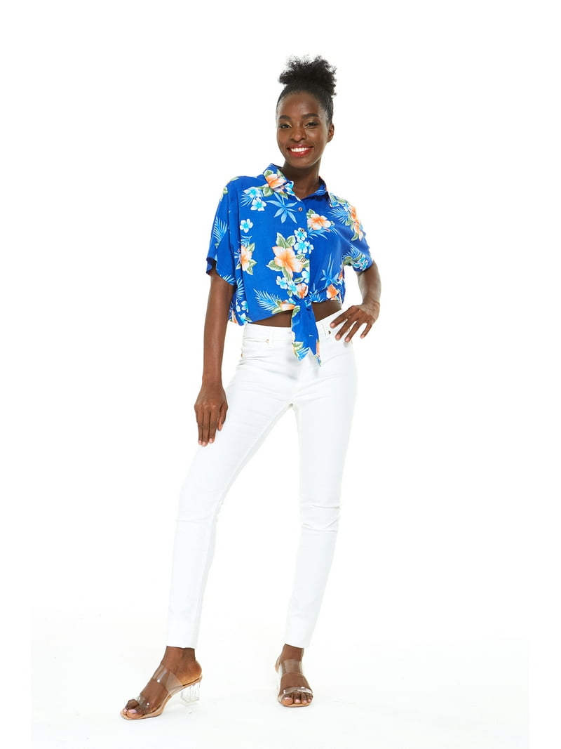 Women's Hawaiian Tie Front Crop Top Aloha Shirt in Hibiscus Blue L