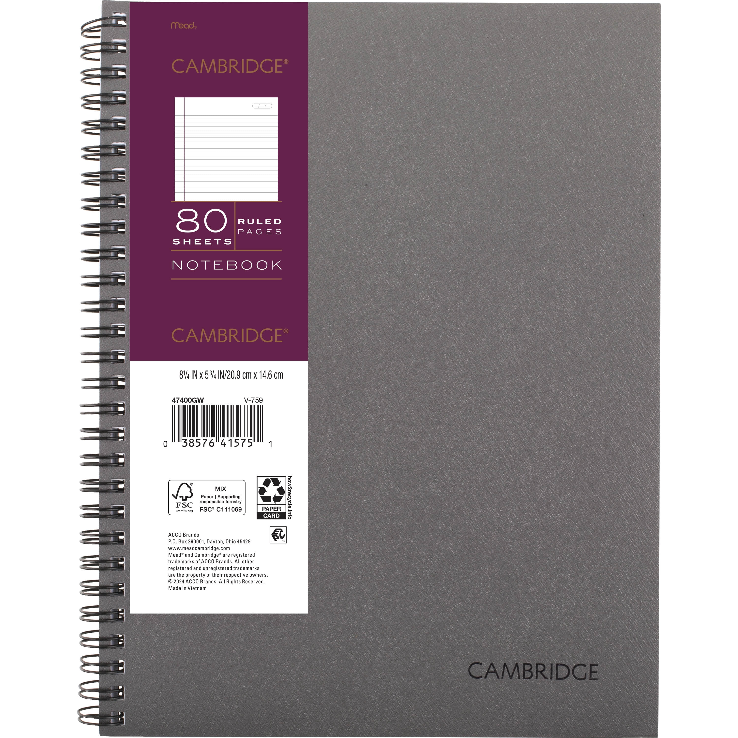 Cambridge Limited Metallic Business Notebook, 6.5" x 8.25", Gunmetal, Flexible Cover, Wirebound, 80 Sheets