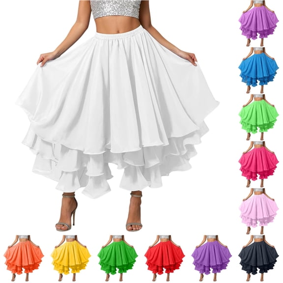 Wxolcjlv Womens Chiffon High Low Maxi Skirt Elastic Waist Tiered Skirts