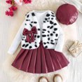 thumbnail image 2 of DHFJKG Girls 4 Piece Outfit Winter Fluffy Leopard Open Front Vest Long Sleeve Ribbed Top With Leather Skirts Beret Hat For Toddler Kid Casual Outfit, 2 of 4