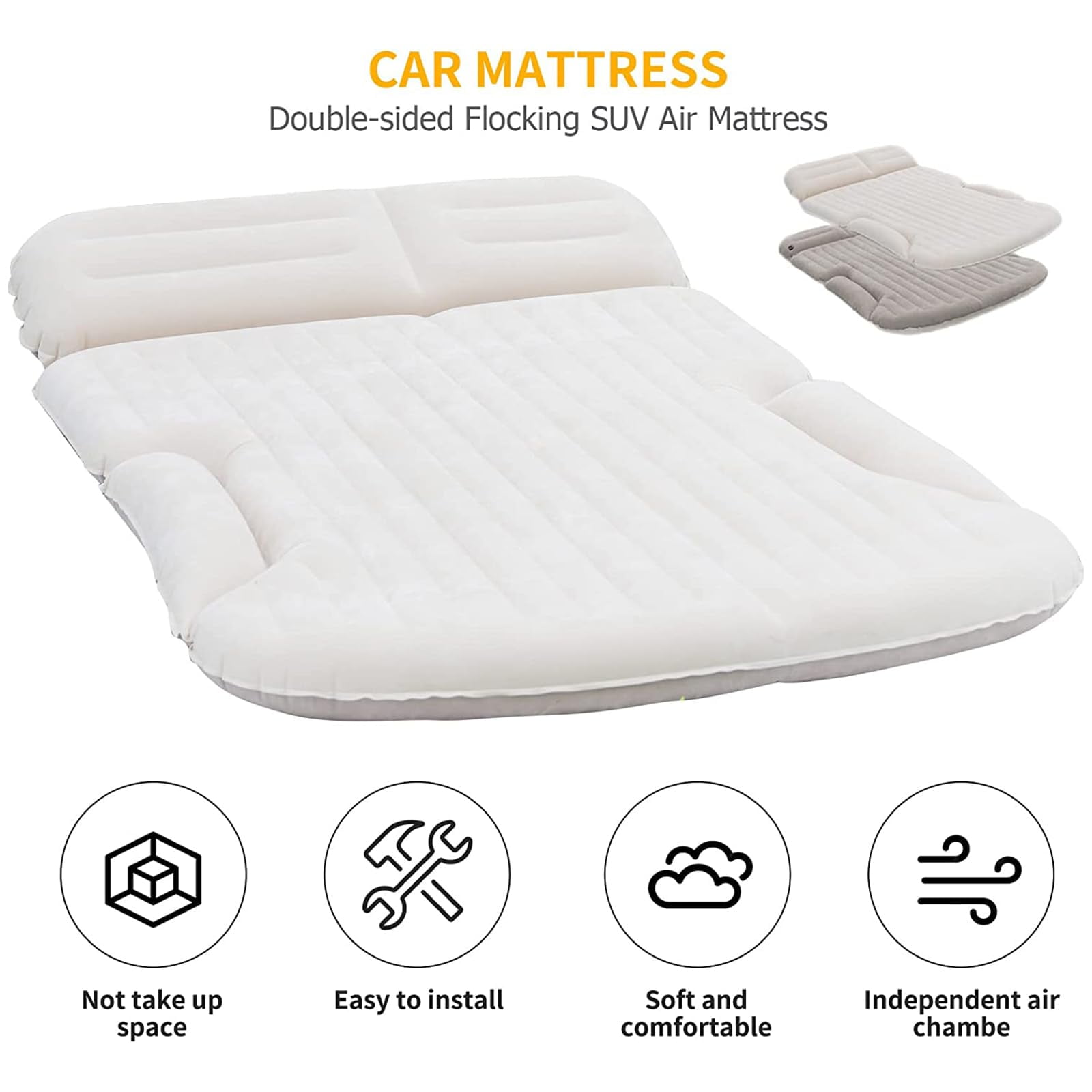 QDH SUV Air Mattress Thickened and Double-Sided Flocking Travel Camping Bed with 2 Pillows & Electric Pump Dedicated Mobile Cushion Inflatable Bed for SUV Trunk and Rear Seat (Beige and Coffee)