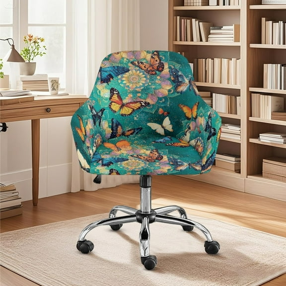 Xoenoiee Boho Mandala Butterfly Pattern Velvet Curved Back Dining Room Chair Cover with Arms Stretch Swivel Bar Stool Chair Slipcover, Removable Vanity Kitchen Office Desk Armchair Protector Covers