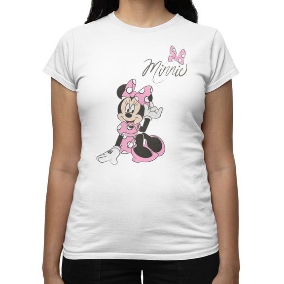 Disney Minnie Mouse Women's Pink Dress Polka Dots T-Shirt (Bright White, S-XXL)