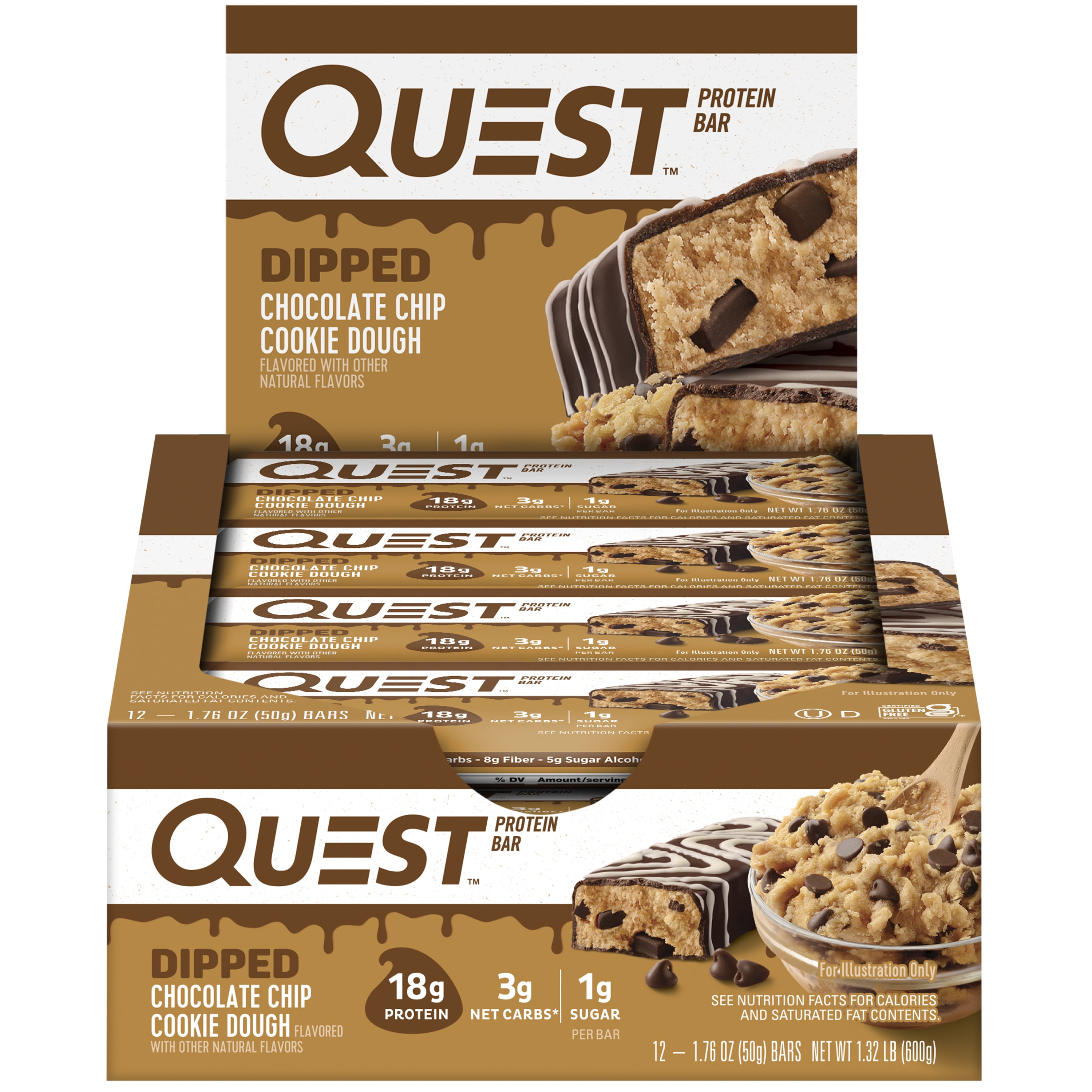 Quest Dipped Protein Bar, Chocolate Chip Cookie Dough, 18g Protein, Gluten Free, 12 Count