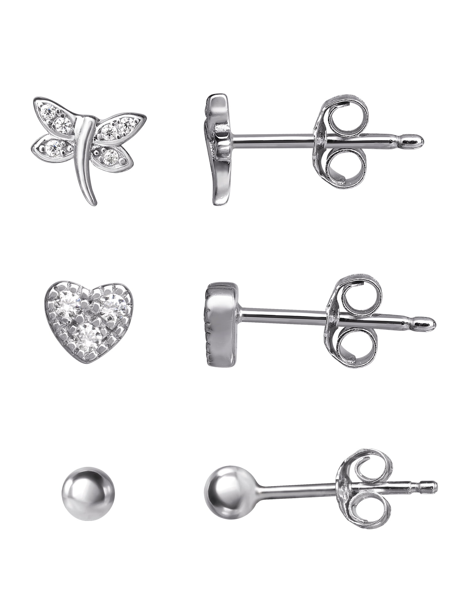 Brilliance Women’s Sterling Silver Cubic Zirconia Dragonfly, Heart, and Stud Earring Set, 3 Pair