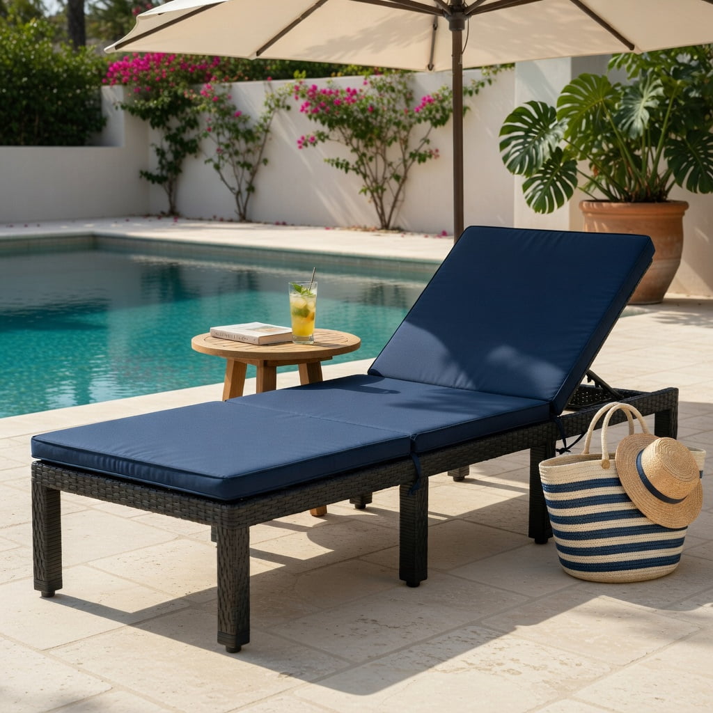 Hommoo Adjustable Height Outdoor Rattan Lounge Chair with Cushion, PE Wicker Patio Chair for Poolside, Garden & Porch, Navy & Off-White