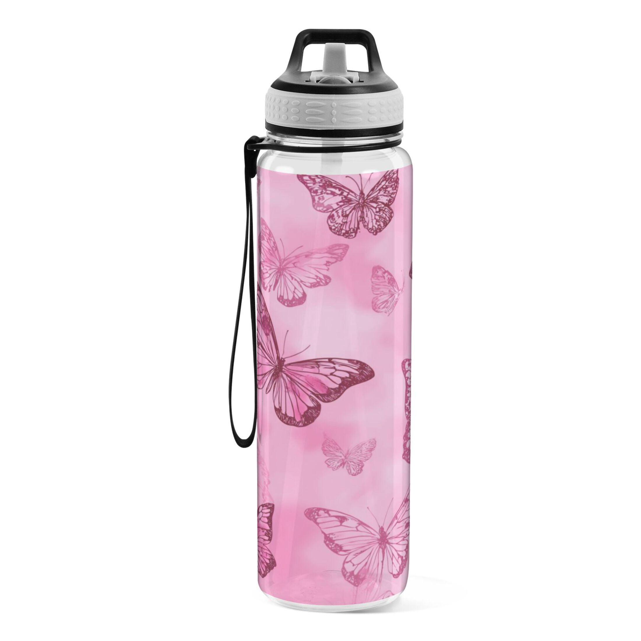 32oz Transparent Sports Water Bottle with Straw for Kids Adults Outdoor School Gym Fitness Pink Butterfly Pattern