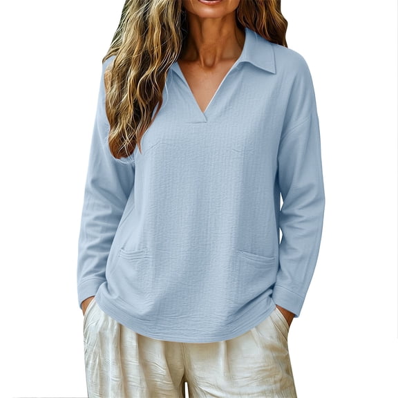 Sillenn Women's Collared V Neck Polo Shirts Long Sleeve Loose Fit Polo Tshirts with Pockets Plus Size Lightweight Golf Tops Business Casual Travel Blouses Trendy Loose Casual Tunic Top Light Blue L