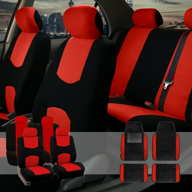 Car Seat Covers Set for Auto 4 Headrests Black Red with Carpet Floor