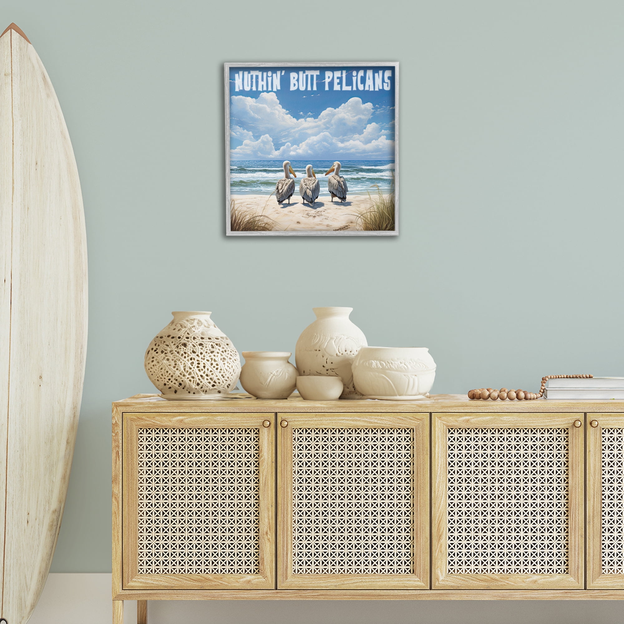 Stupell Industries Nuthin' Butt Pelicans Coastal Painting Gray Framed Art Print Wall Art, 24 x 24