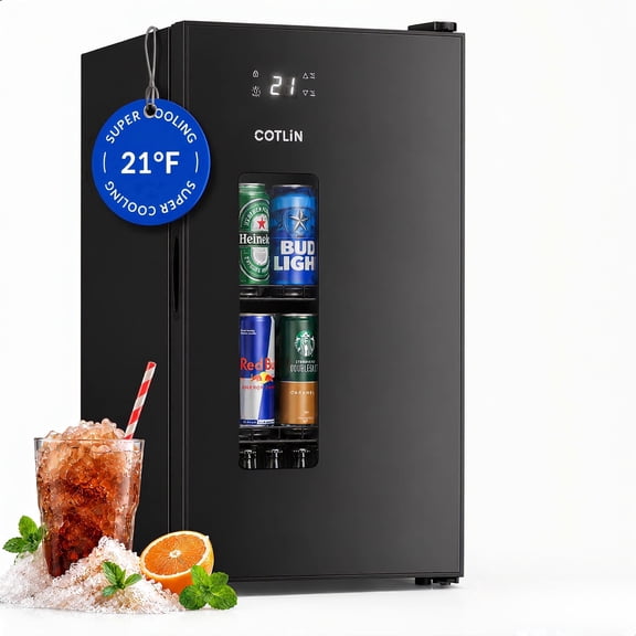 RIOXC 95 Can Beverage Refrigerator 21°F Ultra-Cold Fridge with Glass Door for Home, 17.8 in D, 29.1 in H, Black