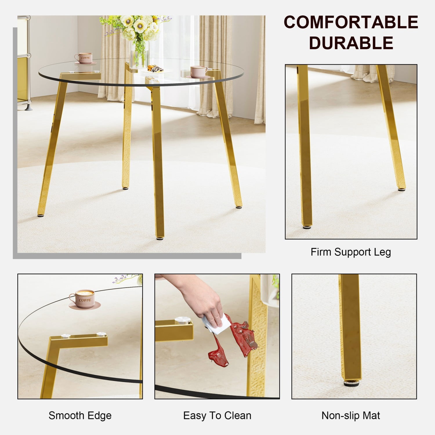 42" Round Glass Dining Table, Modern Tempered Glass Tabletop with Gold Metal Legs, Minimalist Kitchen Table for Dining Room Living Room