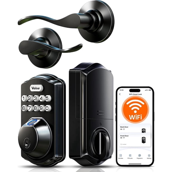 Veise VE012W-B Smart Wi-Fi Deadbolt Lock with Handle Set, Matte Black | Voice & Remote App Control, No Hub Needed, Fingerprint, 2 Levers, Auto Lock, IP55 Waterproof, Backlit Keypad, for Front Door