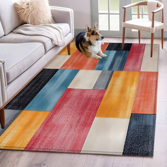 Colorful Abstract Geo Area Rug 4x6 Washable Rug Non Slip Vintage Color Block Large Area Rug Indoor Floor Carpet for Entryway Bedroom Kitchen Living Room Home Office Dining Room Nursery