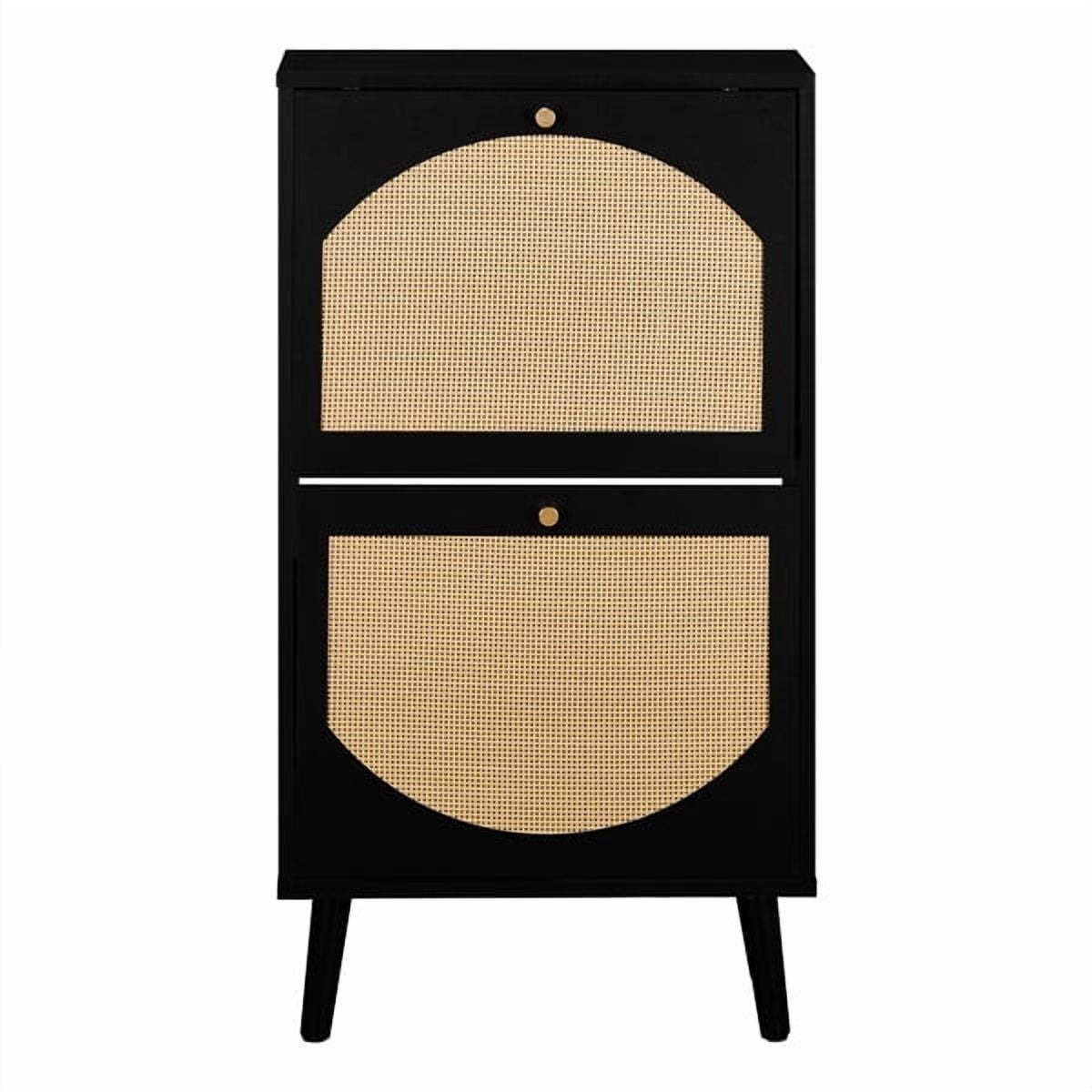 AsterOutdoor Modern 2-Door Flip-Down Shoe Cabinet Black Frame with Rattan Design, 98cm Height, Slim 24cm Depth, Stores 6-8 Pairs