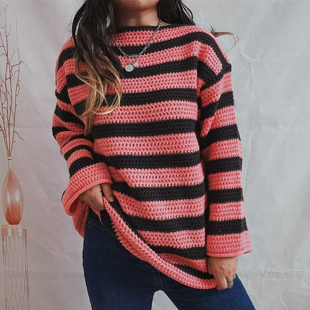 Fankiway Chandail Décontracté à Col Rond Manches Longues pour Femmes Blouse Ample à Rayures Tricotées