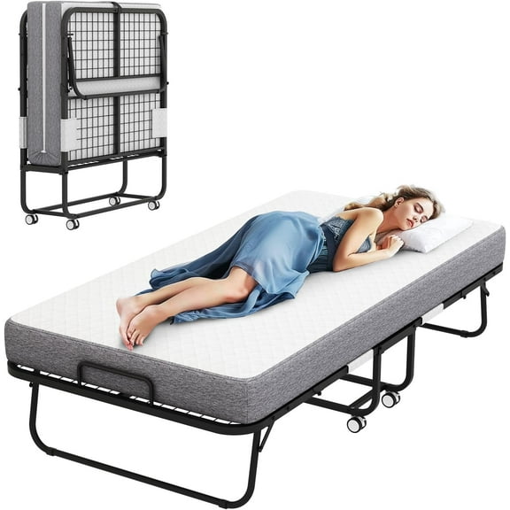 Folding Bed with Mattress, 75''x38'' Twin Size Rollaway Bed with Upgraded Rugged Frame, Guest Portable Foldable for Adults, Space-Saving Fold up