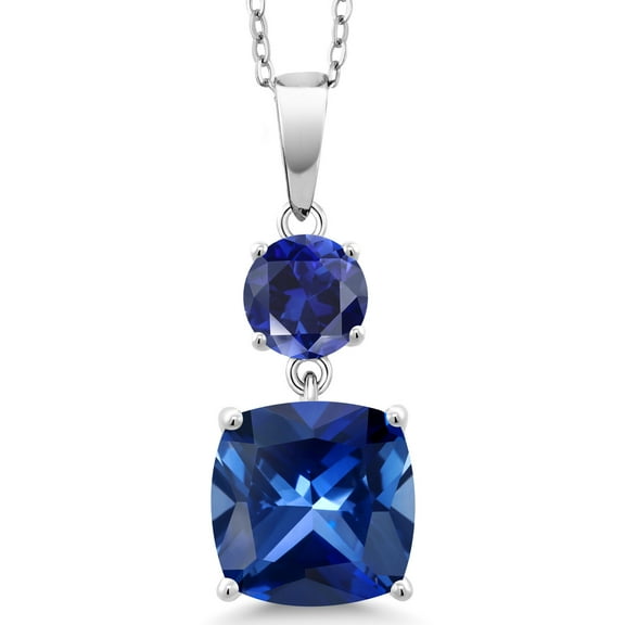 Gem Stone King 925 Sterling Silver Blue Created Sapphire Pendant Necklace for Women (6.32 Cttw, Gemstone September Birthstone, Cushion 10MM, Round 6MM)