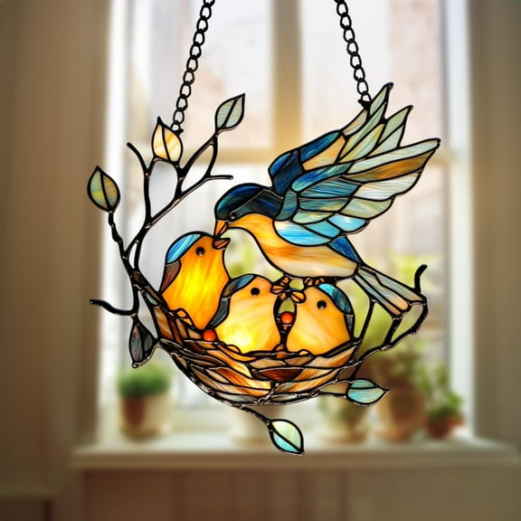 Bird Family in Nest Suncatcher with Mom Feeding Chicks, Spring Acrylic Window Hanging Decor, Nature Inspired Gift for Bird Lovers