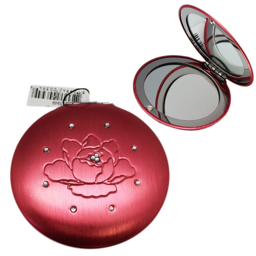 Light Pink Colored Compact Mirror With Rhinestone Flower Design