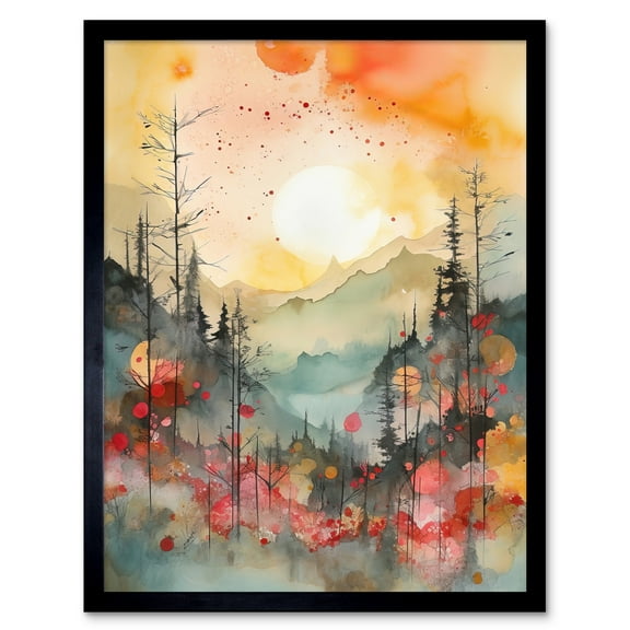 Sunrise Over Misty Mountain Forest Landscape Modern Watercolour Painting Art Print Framed Poster Wall Decor 12x16 inch