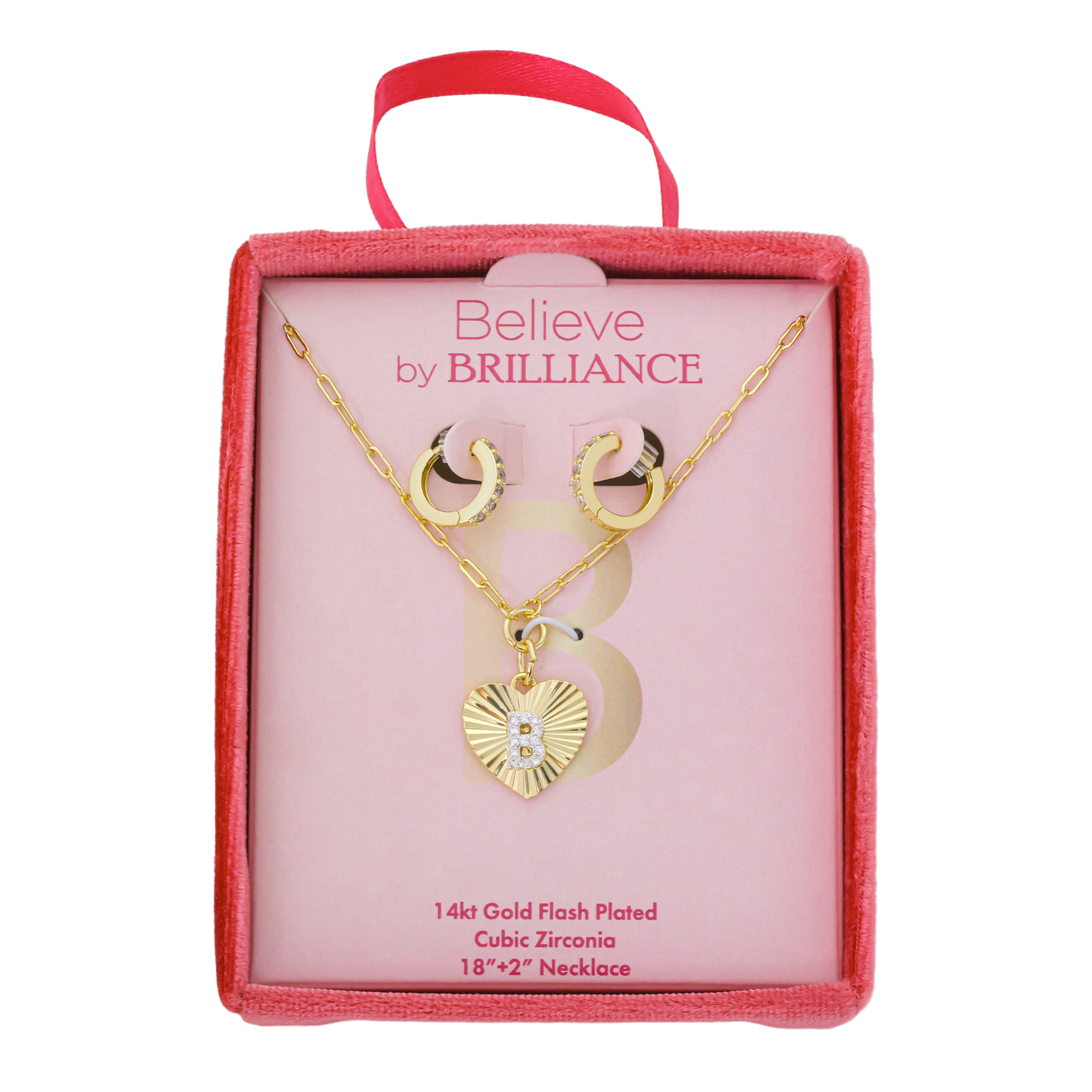 Believe by Brilliance Women's 14Kt Gold Flash Plated Cubic Zirconia Initial B Heart Pendant Necklace and Hoop Earring Set, 18+2"