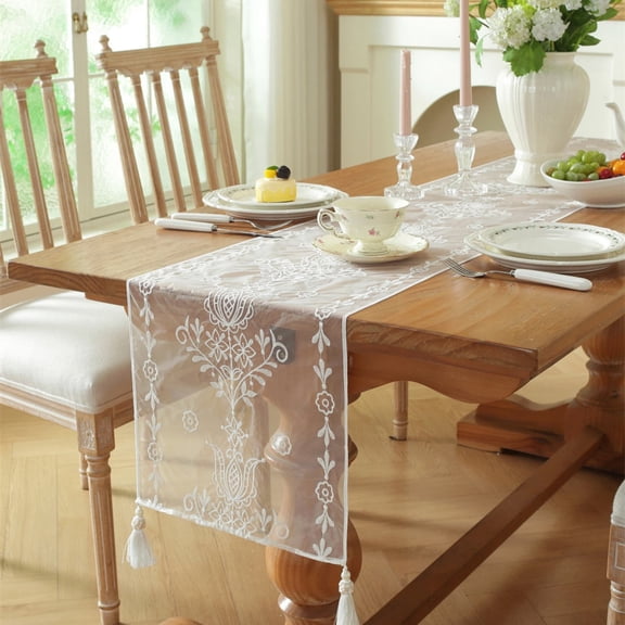 White Lace Table Runner Floral Embroidered Sheer Tablecloth Scarf With Tassels For Dining Room