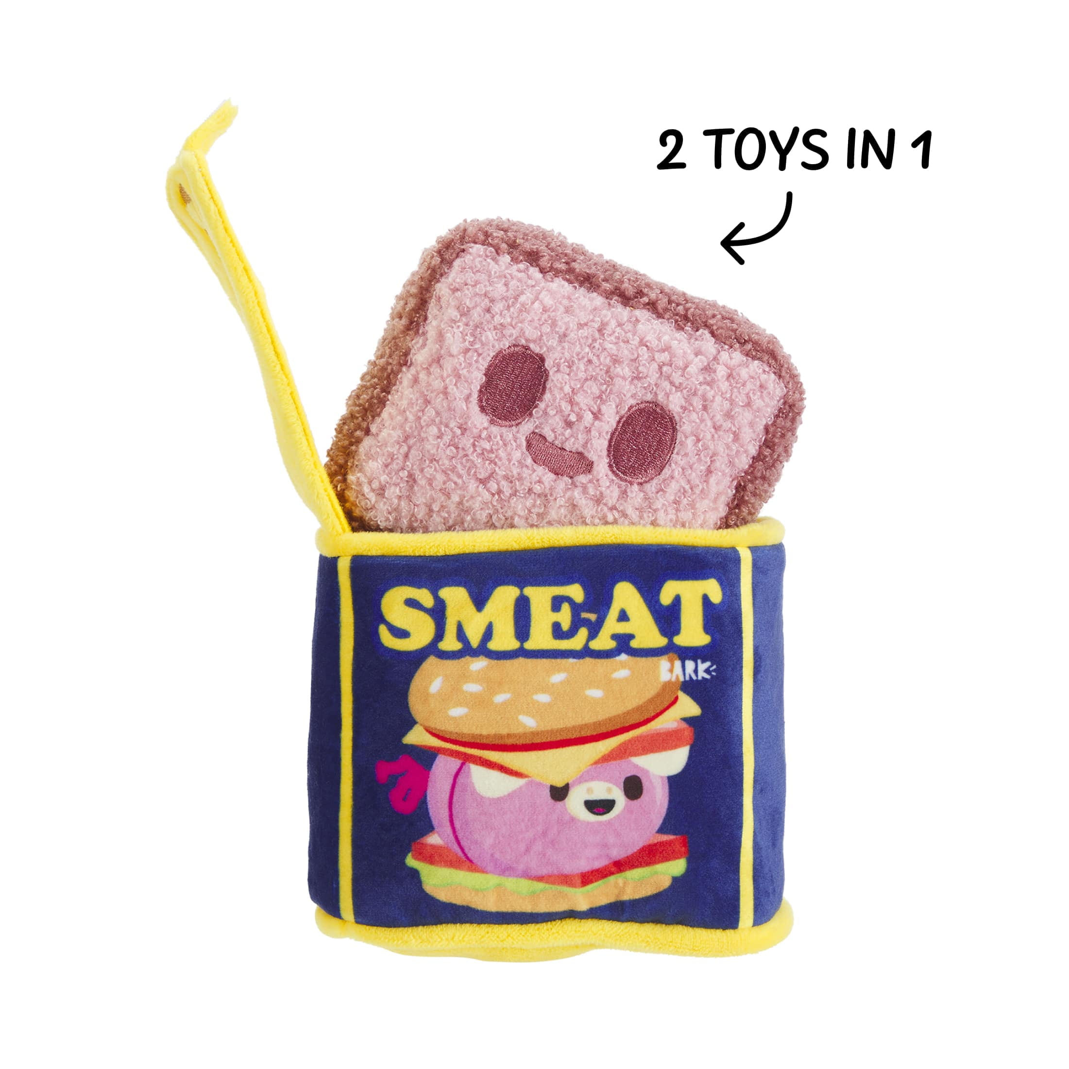 BARK Canned Smeat Canned Ham Meat Plush Pink, Blue, and Yellow Dog Toy, for Extra Small to Small Dogs