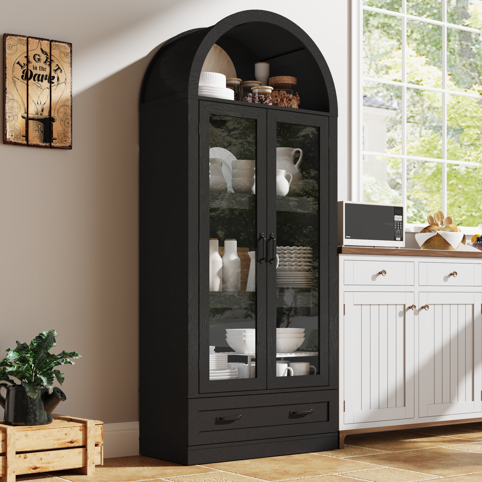 Blotout 75" Tall Arched Kitchen Pantry Storage Cabinet, Farmhouse Wood Pantry Arched Cabinet with Drawer, Glass Door and Load-Bearing Steel Pipe for Dining Room Living Room