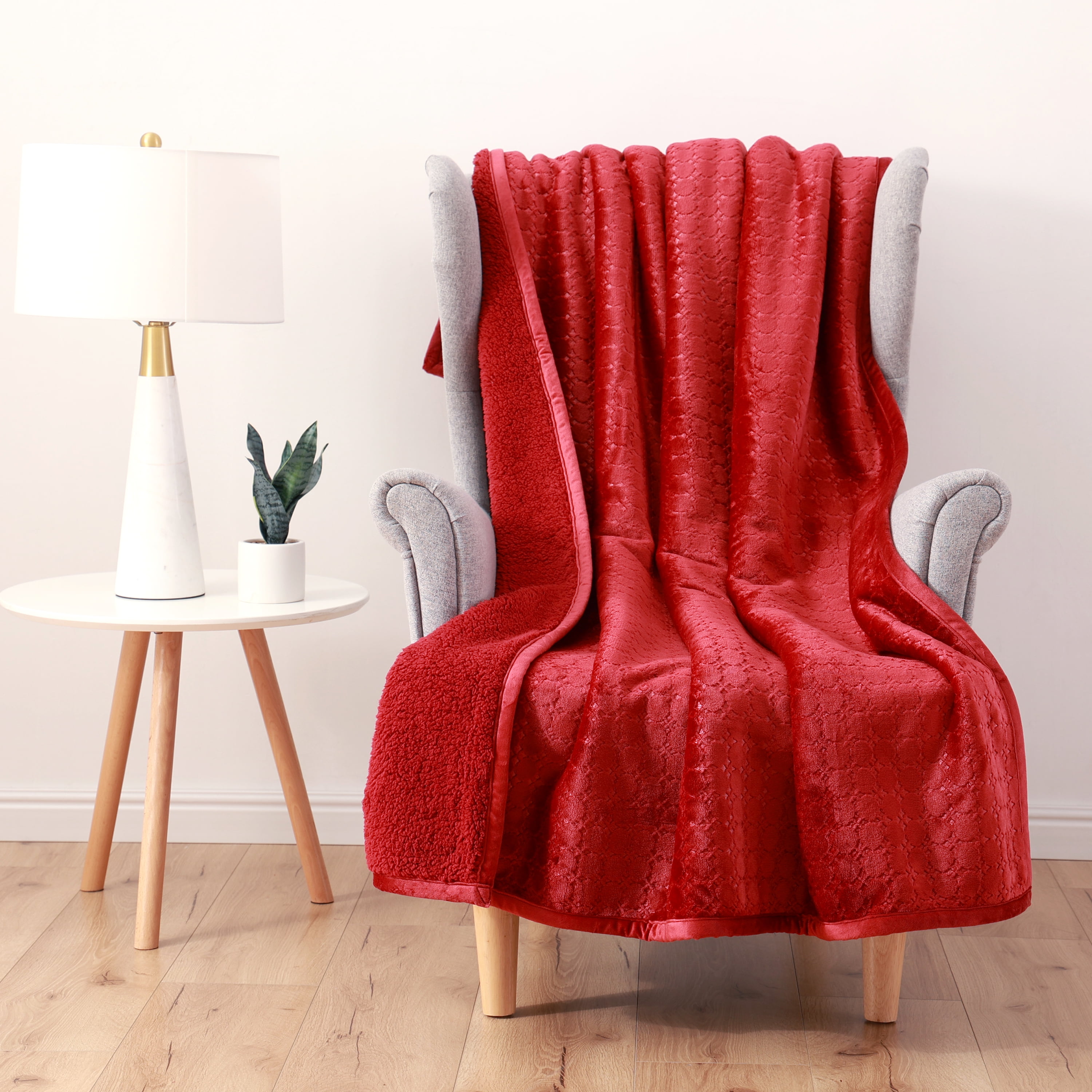 Better Homes  Gardens Better Homes & Gardens Embossed Velvet Plush Reverse Sherpa Throw 50” x 72” Red Merlot