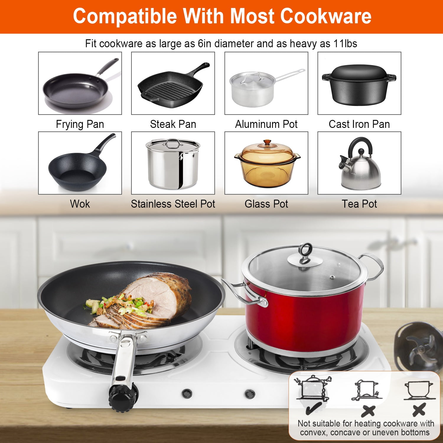 Moclever 2000W Double Burner Electric Hot Plate, Portable Coil Stove with 5 Temperature Settings, Non-Slip Feet for Countertop RV Dorm, White