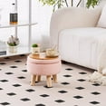 thumbnail image 2 of Storage Ottoman, Modern Round Footrest with Soft Padded Seat, Teddy Velvet Footstool with Wood Legs, Accent Small Table or Plant Stand for Hallway, Living Room (Pink), 2 of 7