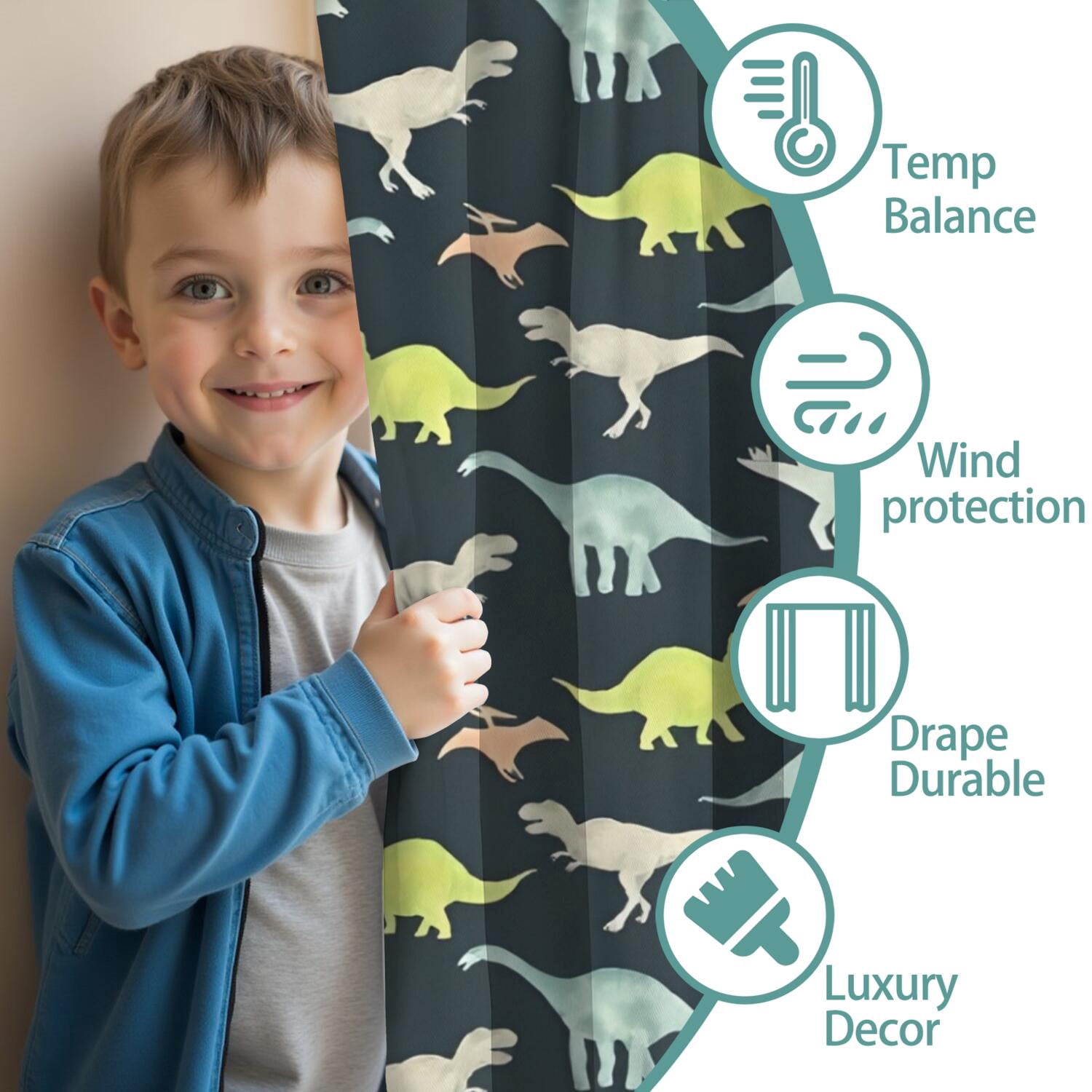 Blackout Kids Curtains,Dark Watercolor Dinosaur Pattern Childrens Insulated Curtains Set Of 2,Bedroom Essentials,Toddler Room Decor 52"x63"