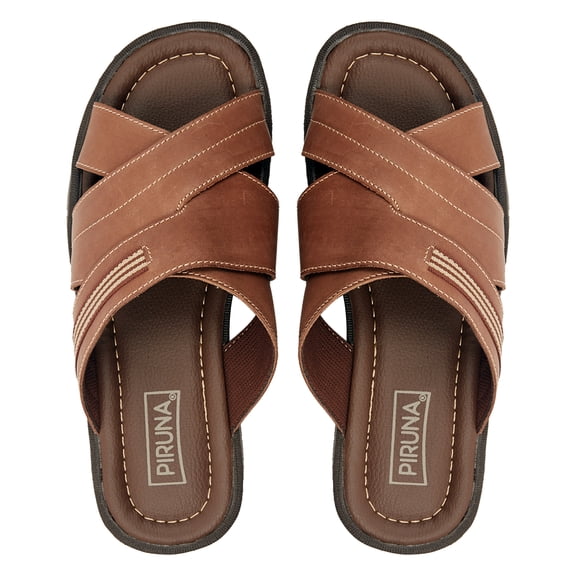 Piruna Men's Leather Overlapping Cross Strap Slide Sandals, Cushioned Footbed, Tan