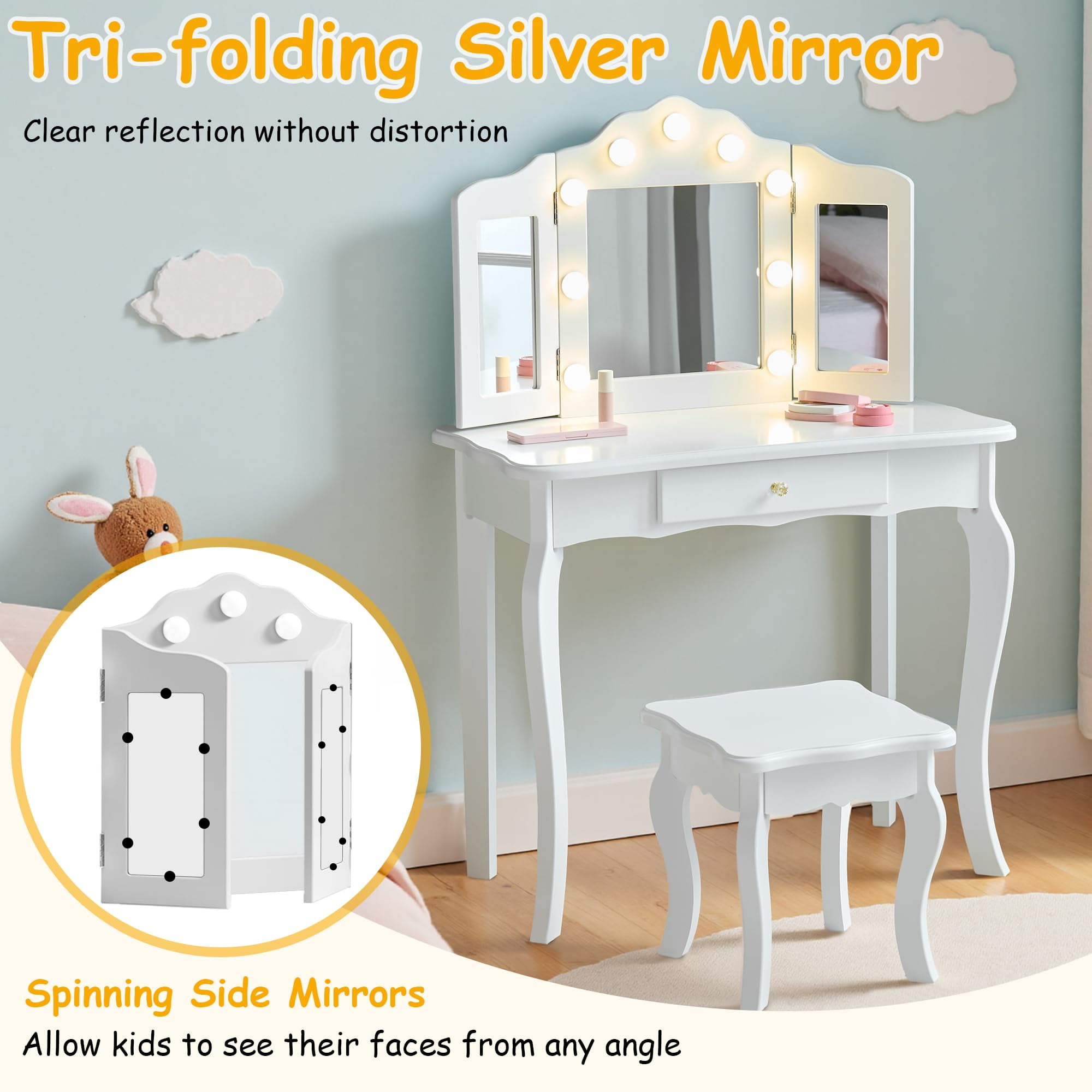 Kids Vanity, Little Girls Vanity Set with Stool and Light, 2 in 1 Wooden Kids Vanity Table and Chair Set, Princess Makeup Table with Drawer for Girls