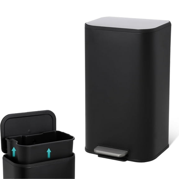 EuKer Garbage Cans for Kitchen, 8 Gallon Large Stainless Steel Trash Can with Lid & Removable Inner Bucket, Black