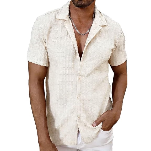 Alkepwun Short Sleeve Shirts for Men Vintage Solid Color Collared Crochet Button Up Tops Casual Breathable Openwork Knit Summer Beach Golf Shirt