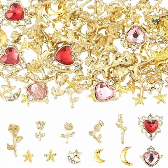128Pcs 12 Styles Gold Rose Nail Charms Nail Art Accessories Gems 3D Alloy Flower Heart Star Moon Crafts Decorative Metal Cabochons for DIY handcrafting