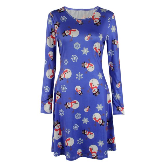 Fashnice Robe de Noël pour Femmes Col Rond Mini Manches Longues Arbre de Noël Bonhomme de Neige 2TG