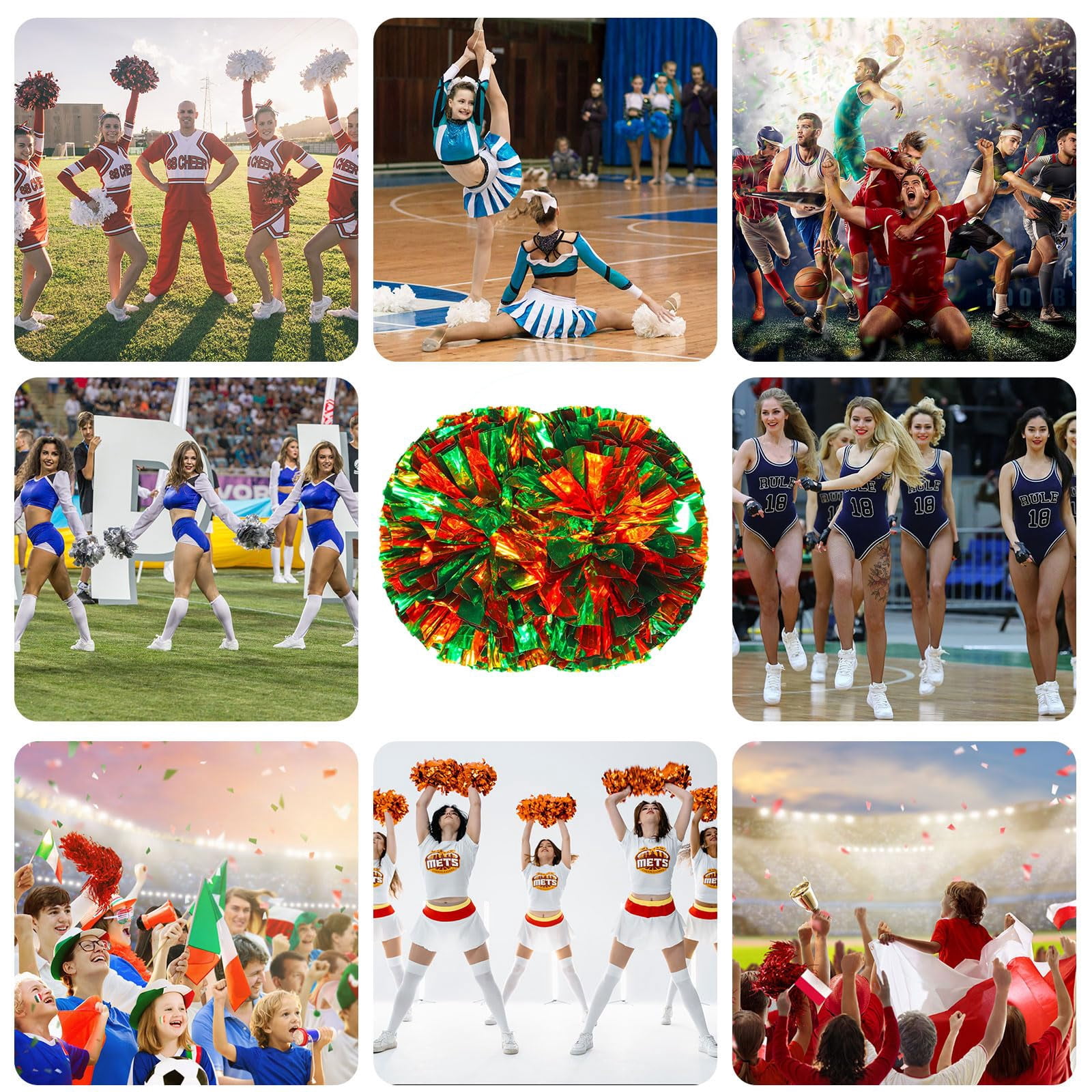 12 Pcs Cheerleading Pom Poms, Cheerleader Pompoms with Handle Style,Fit for Team Spirit Sports Dance Cheering