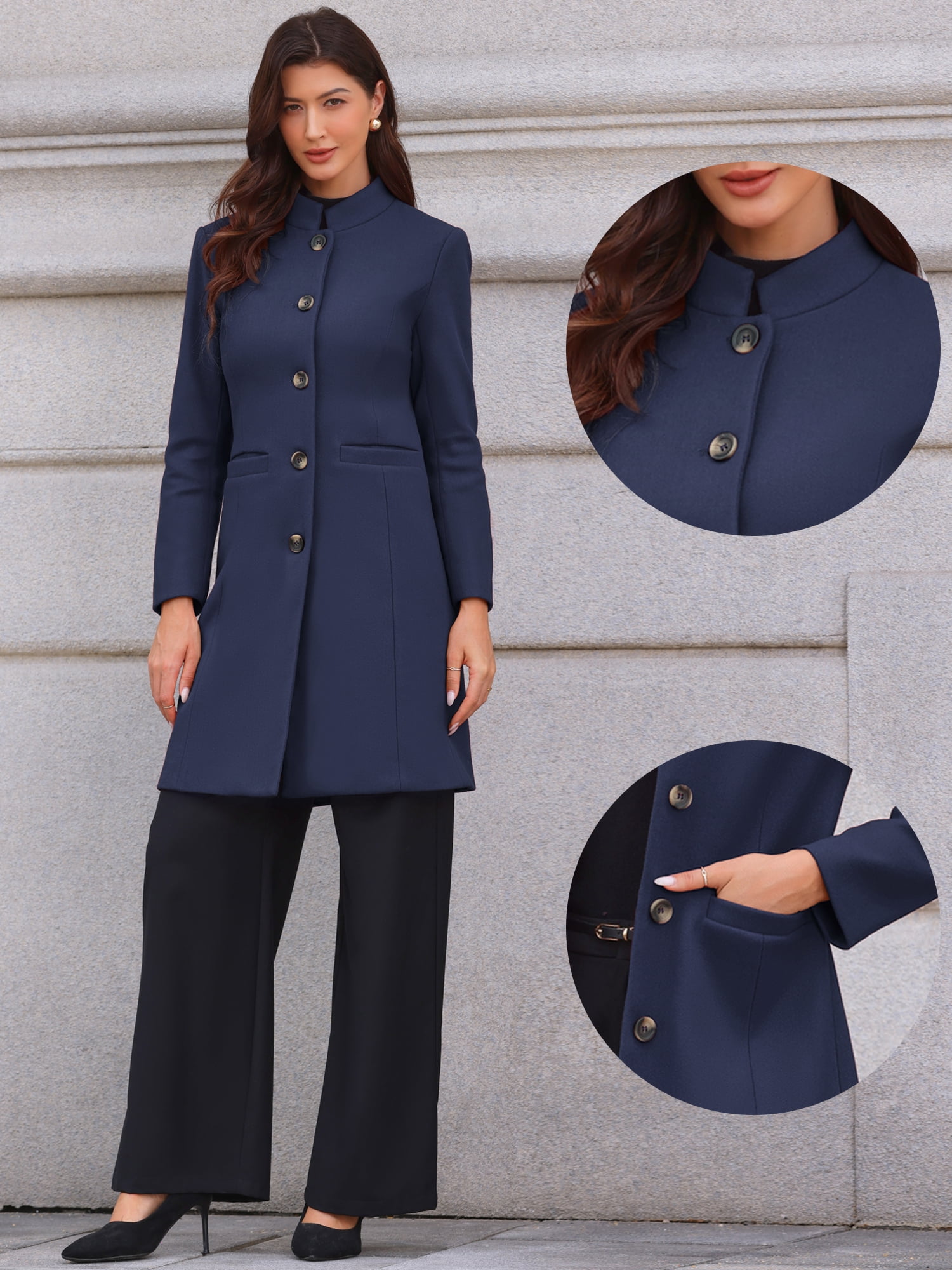 DARING DIVA Women's Stand Collar Mid-Length Overcoat with Pockets XL Navy Blue