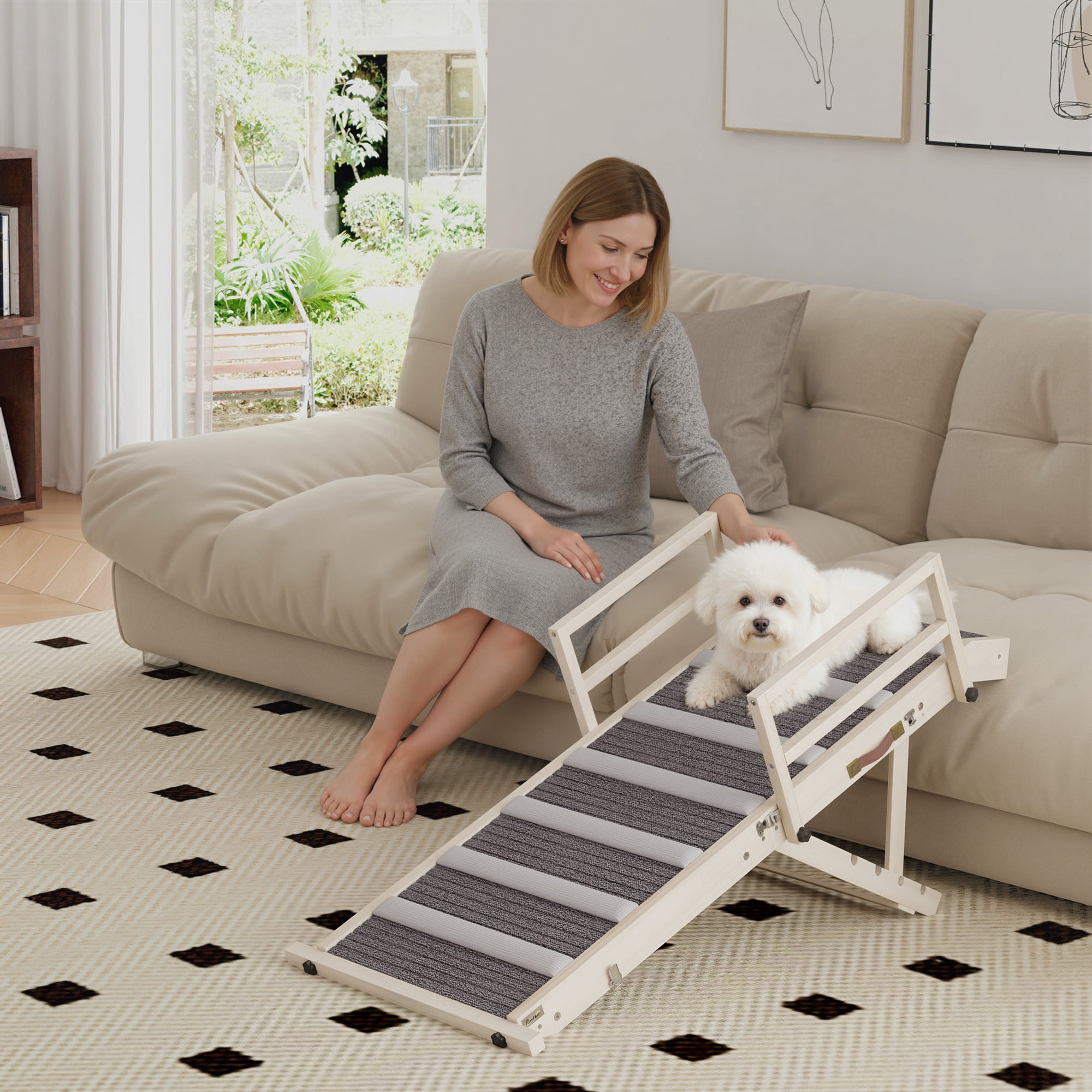 PawHut Dog Ramp for Couch, Folding Pet Ramp, 4 Adjustable Height from 15" to 19", Pet Step with Safety Side Rails for Small to Large Dogs