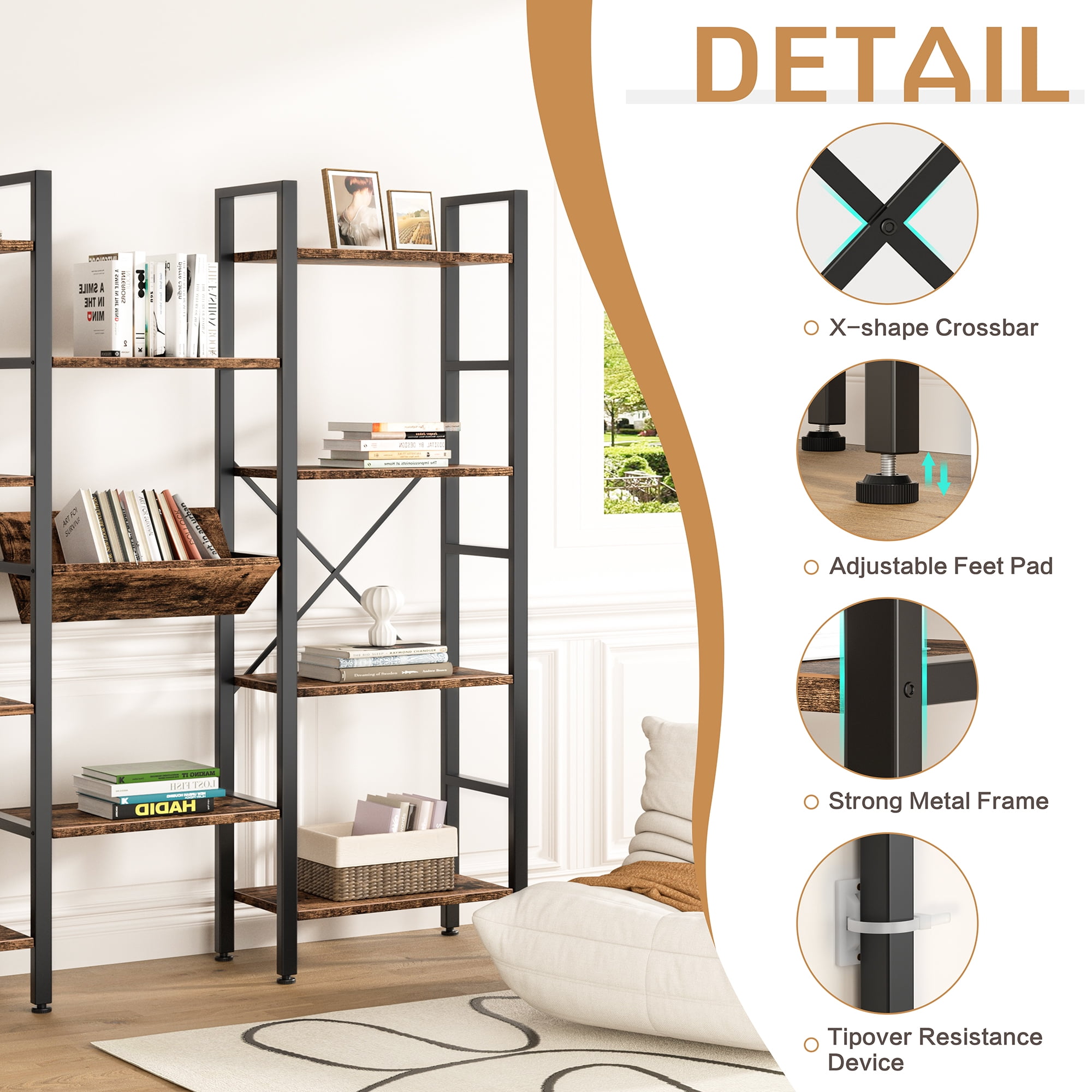 Walsunny Triple Wide 4 Tier Bookshelf Bookcase Wooden Bookshelves with 11 Open Display Shelves for Bedroom Living Room Home Office,Rustic Brown