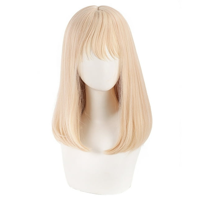 Peluca para cosplay, rubia platino, recta, con flequillo, 40 cm